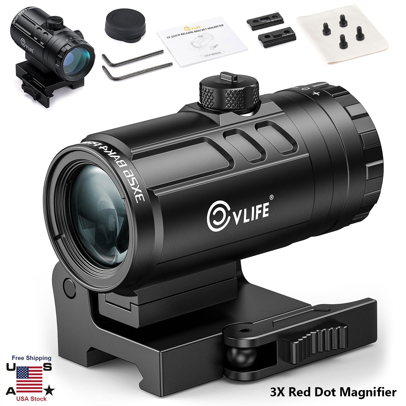 3X Flip to Side Quick Release Mount Red Dot Sight Magnifier Shockproof - Black