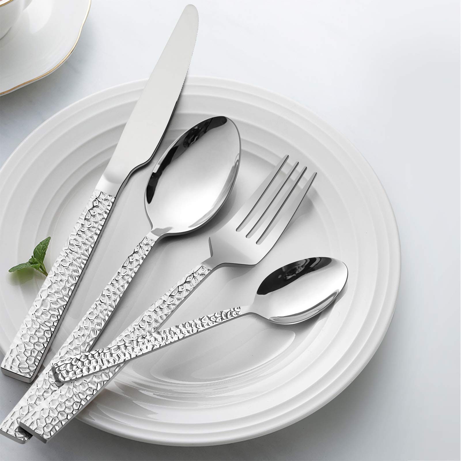 65-Piece Hammered Flatware Serving Set, Stainless Steel Silverware Cutlery Se...