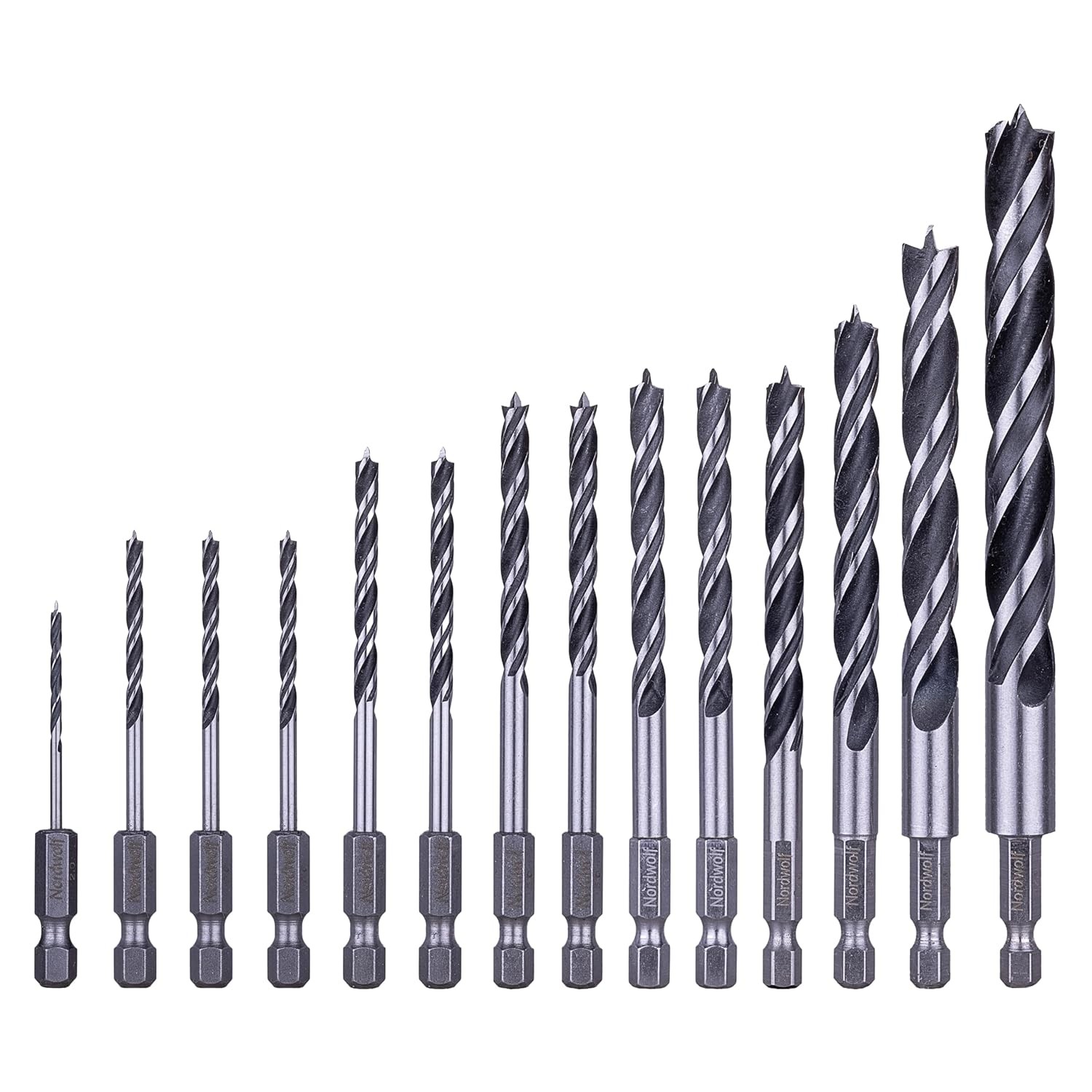 14-Piece 2mm Metric Brad Point Wood Drill Bit Set, 1/4" Hex Shank