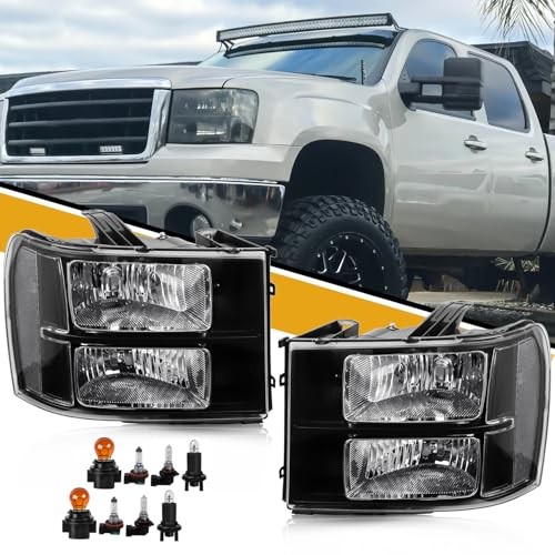 Headlight Assembly Compatible with GMC Sierra Black Housing White Reflector