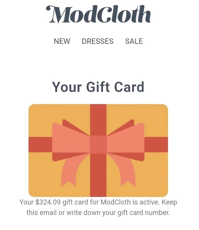 ModCloth.com $324 Digital Gift Card Mod Cloth Vintage Retro modcloth Tiki Boho