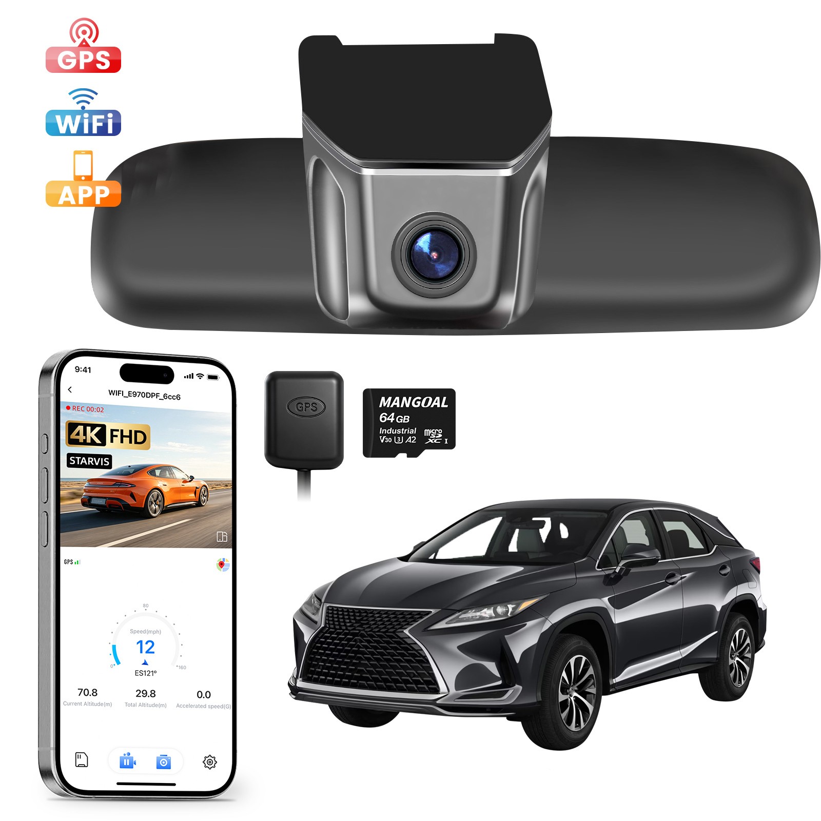 Mangoal 4K HDR Dash Cam Custom for Lexus RX 2016-2022 OEM Look Easy to Install