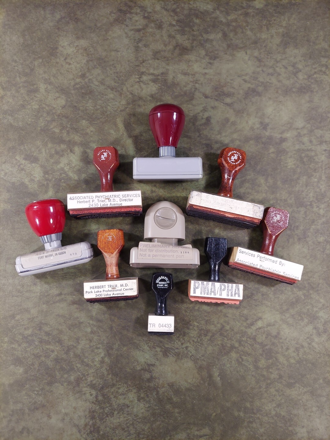 Lot Of 9 Rubber Ink Stamps Medical Phychiatric Physician Collectible Indiana