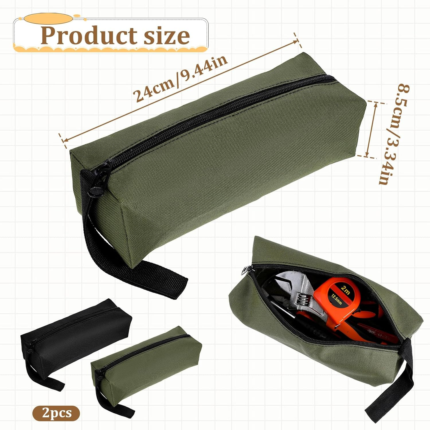 2 Pack Small Canvas Zipper Tool Pouch - Multi-Purpose Storage Bag for Tools & Ac