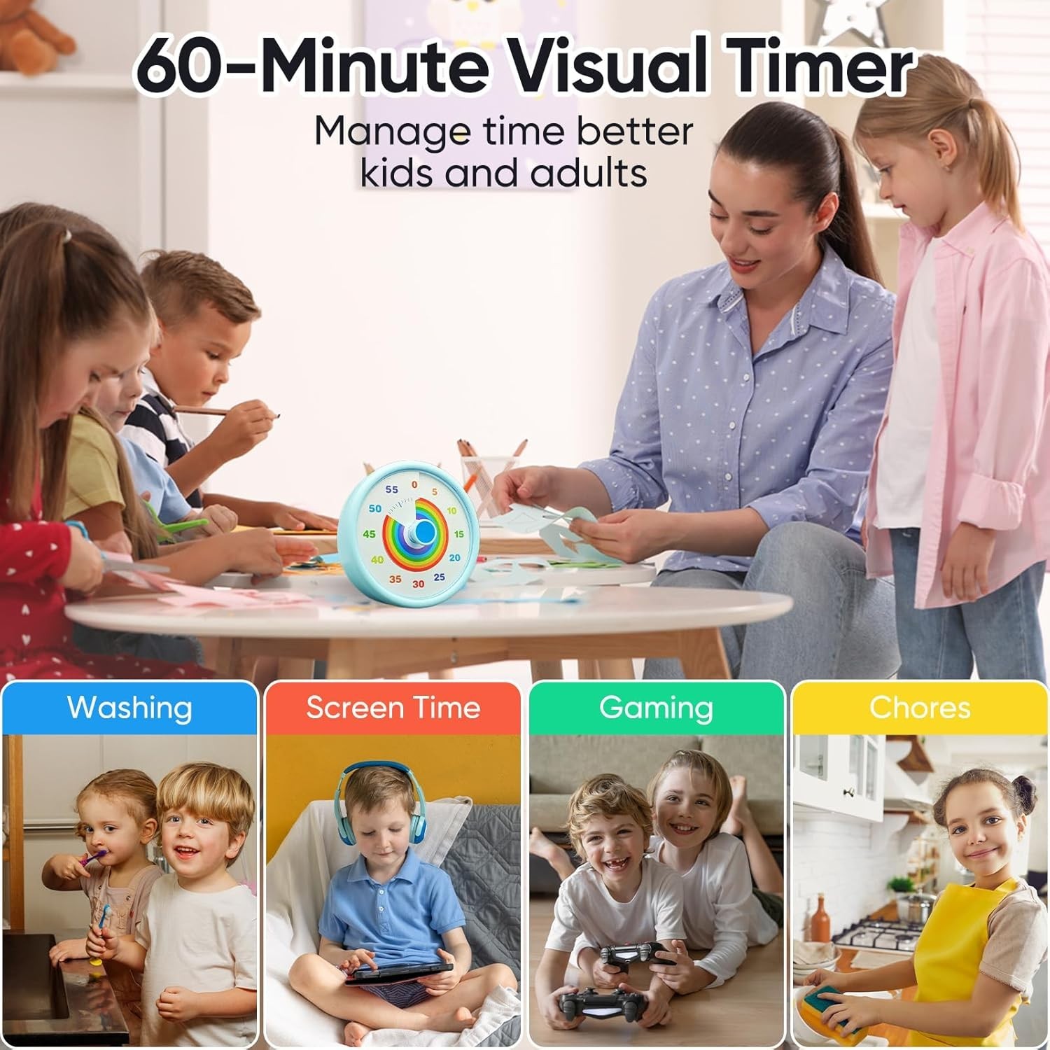 Rainbow Visual Timer for Kids, 60 Minute Silent Countdown Clock with Color Disk