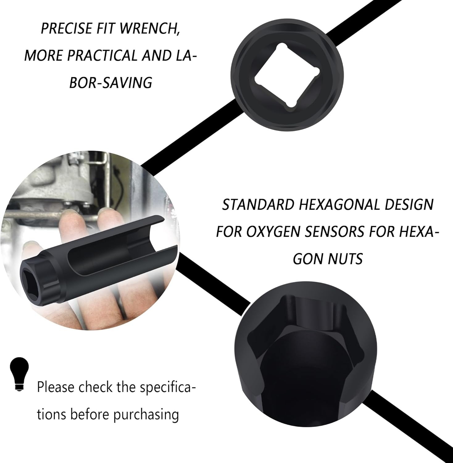 Oxygen Sensor Socket 7/8" O2 Sensor Removal Tool 0.65" Opening Automotive Big