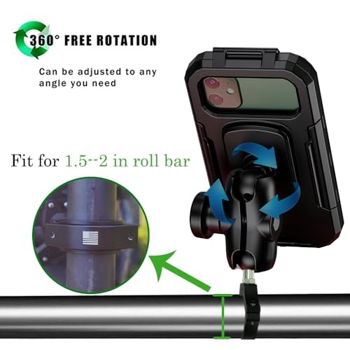 UTV Phone Mount with Waterproof Protector, 360 Degree Adjustable Holder,