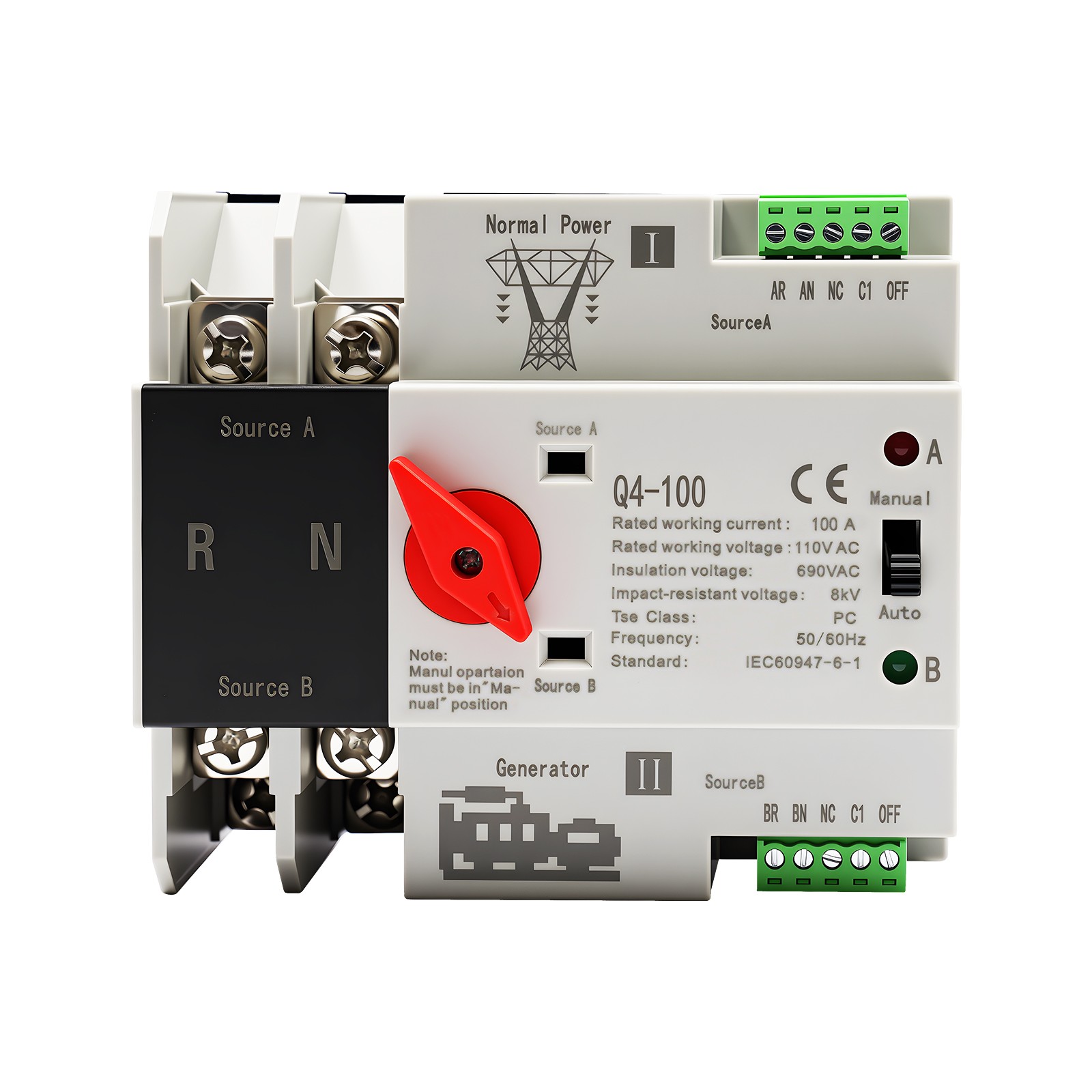 100A Automatic Transfer Switch 2P Power Generator Changeover Switch Dual Power