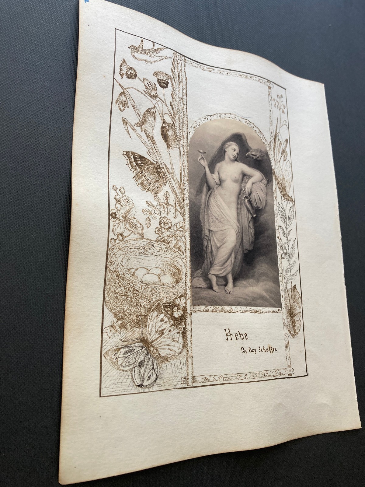 Victorian pen and ink border work around art print Herbe Scheffer