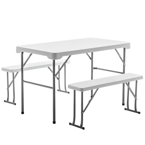 Folding Picnic Table Set White Heavy Duty HDPE Rectangle Table Two Benches