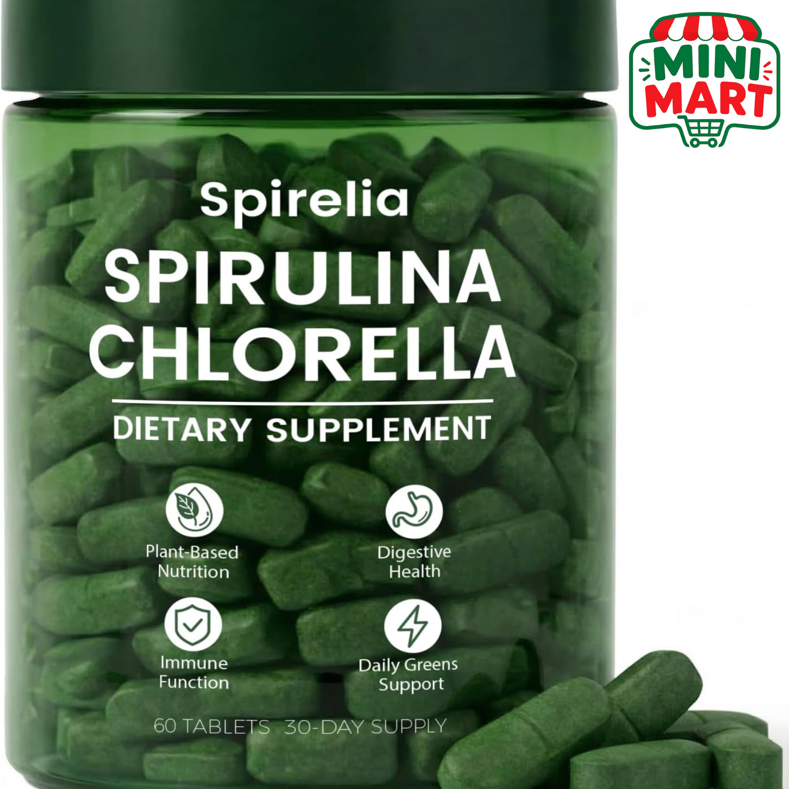 Spirelia Spirulina & Chlorella Tablets Organic Superfood Supplement 60 Count