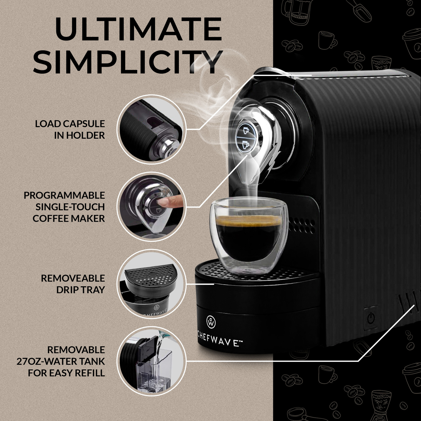 ChefWave Espresso Machine for Nespresso Compatible Capsule Holder Cups Black