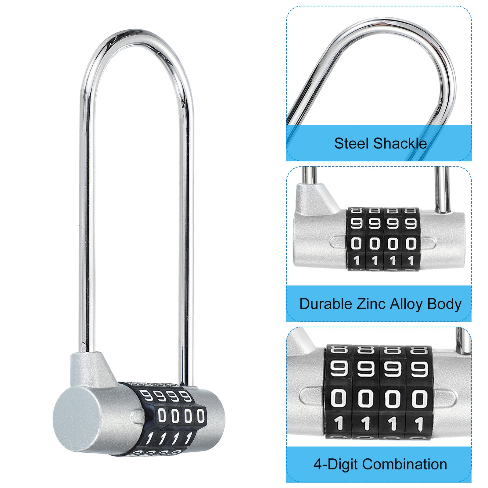 Combination Padlock, 4 Digit Gym Locker Lock Zinc Alloy Padlock (Silver)