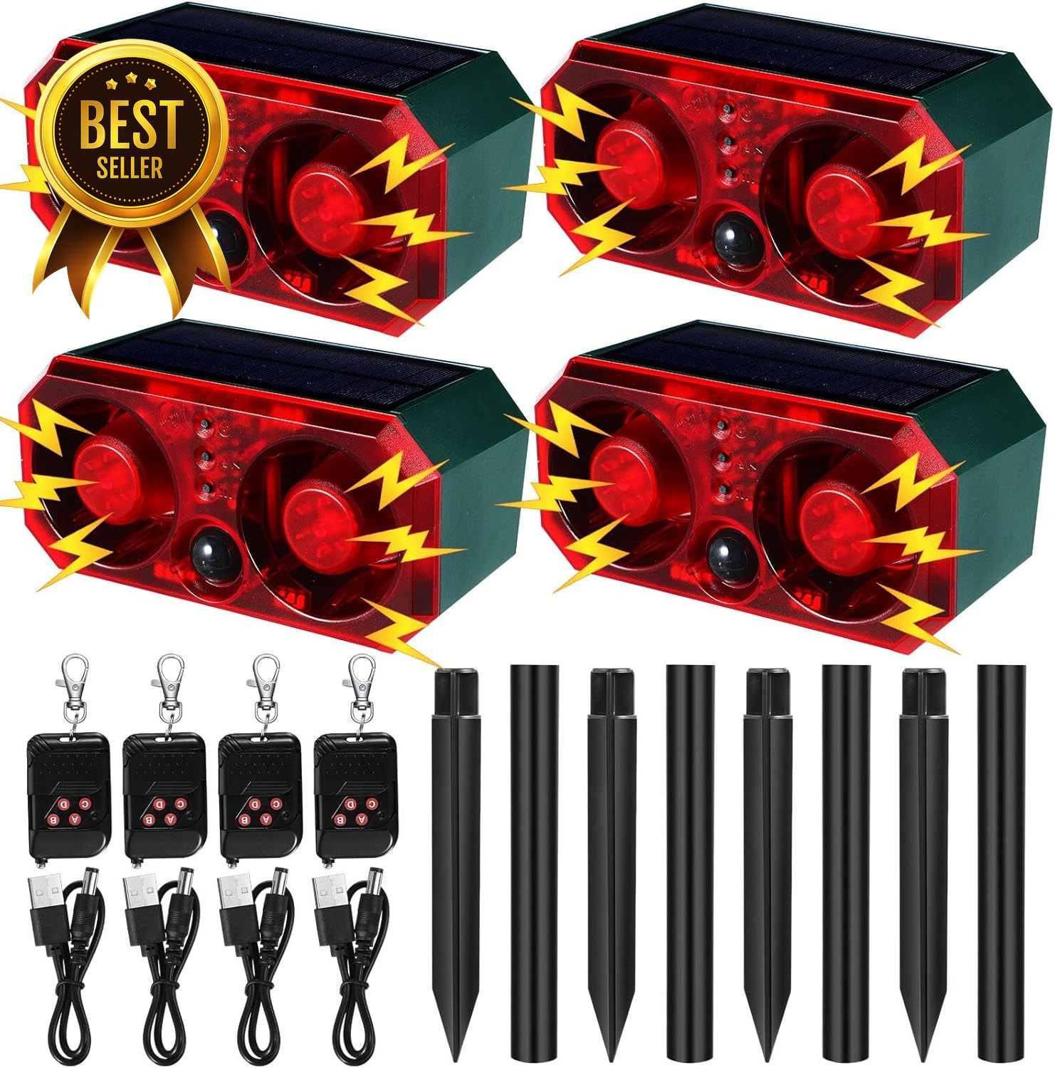 4 Pack Solar Motion Sensor Alarm 130dB Animal Deterrent with Remote