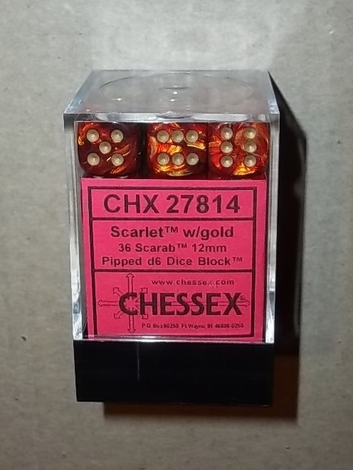 Chessex CHX 27814 36 Scarlet With Gold Scarab 12mm d6 Dice Block
