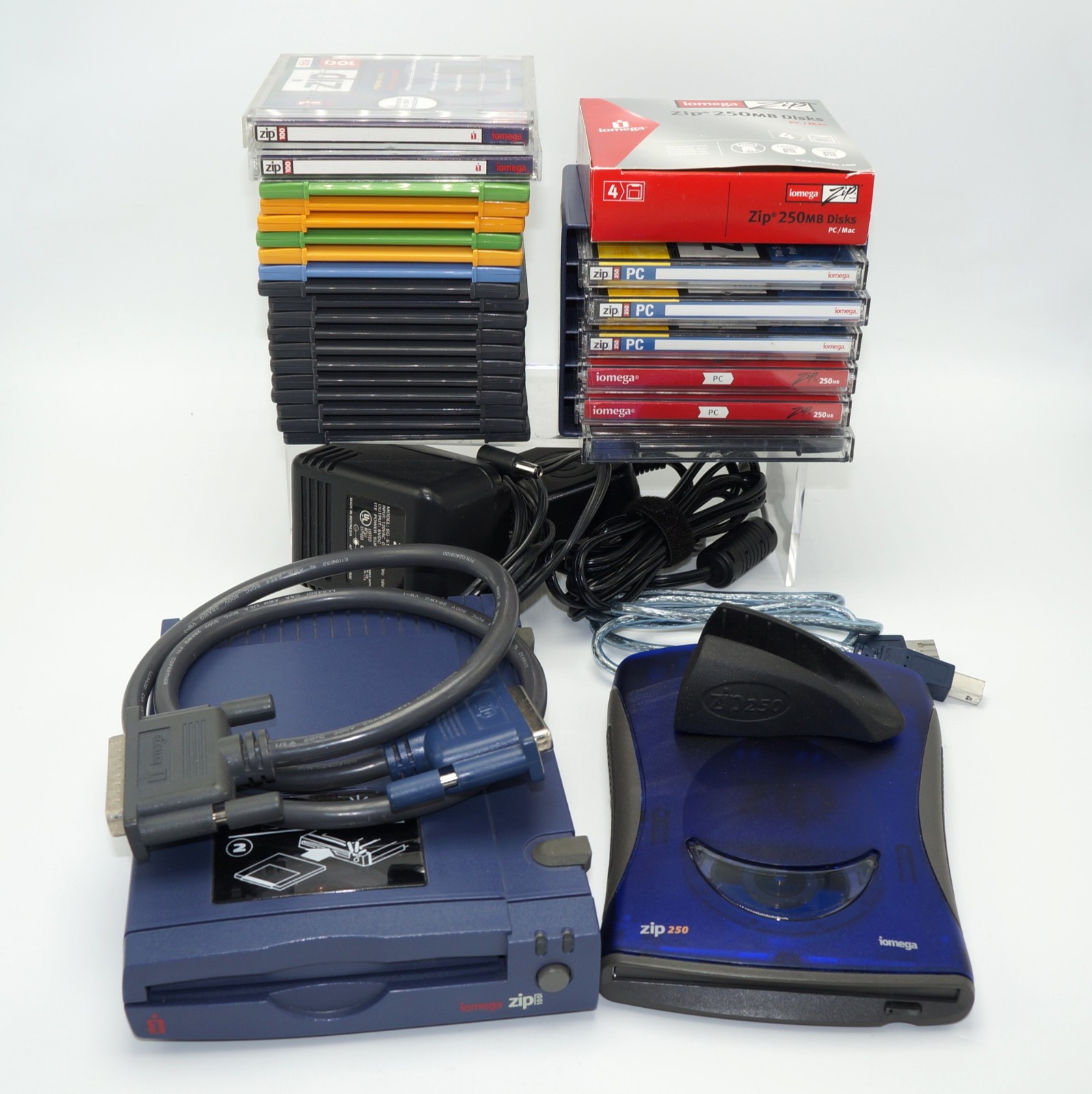 Iomega Zip 100 & 250 External Drive Lot Drives, Cables, 27 Disks Parrallel & USB
