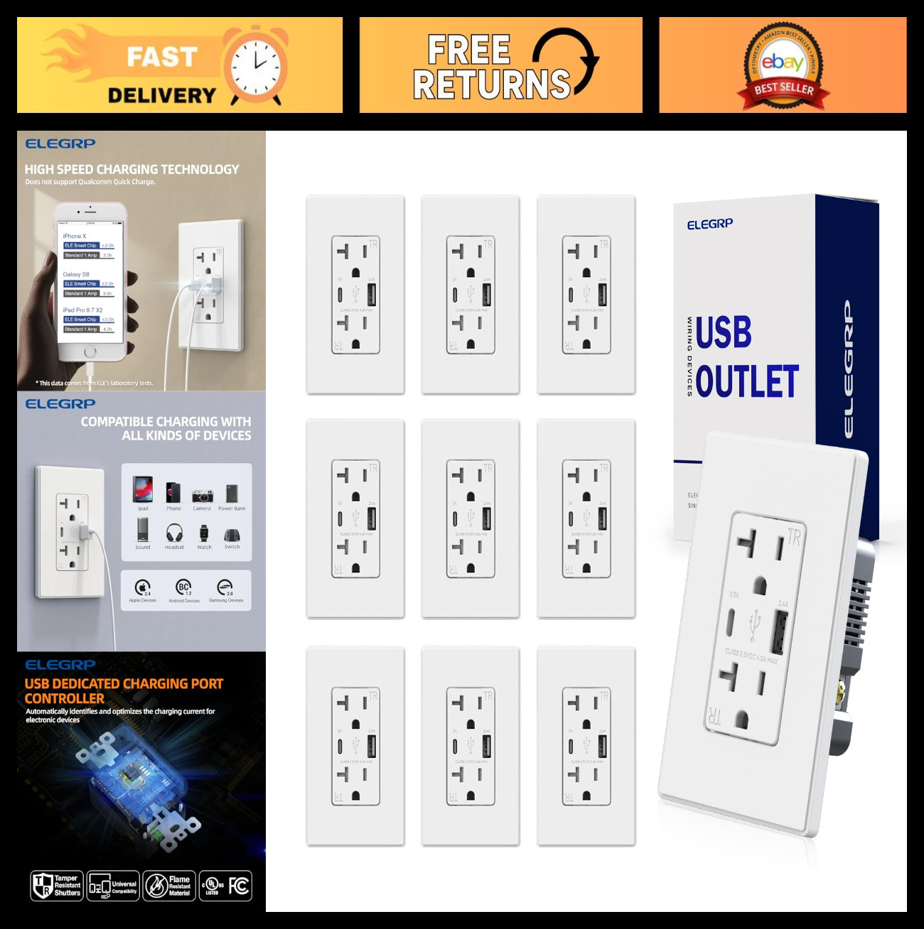 20 Amp USB Wall Outlet with Type A & C Ports, Tamper Resistant, 10 Pack, White