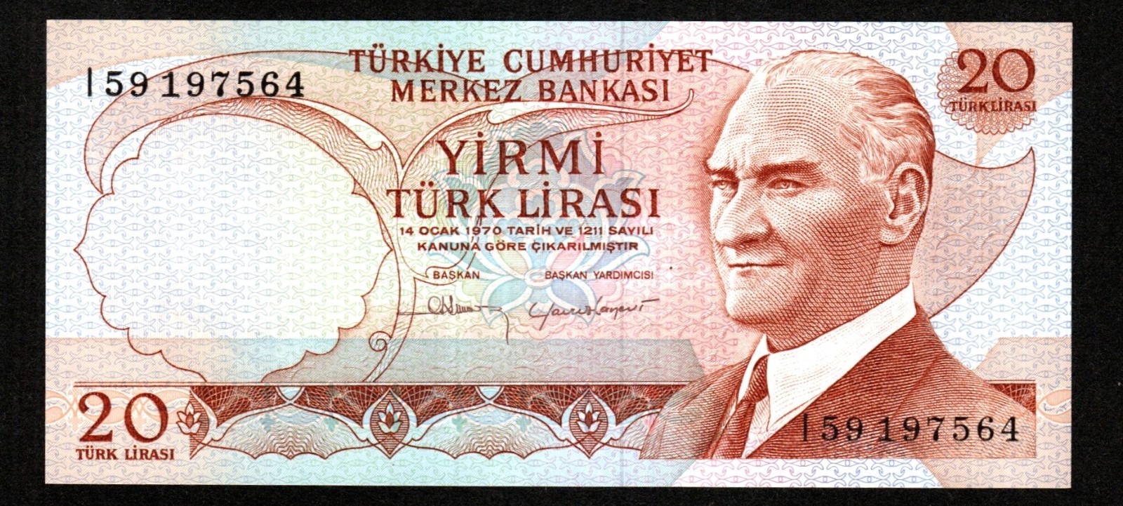 1970 TURKEY 20 TURK LIRASI BANKNOTE SERIE I - PRES. K. ATATURK - UNC