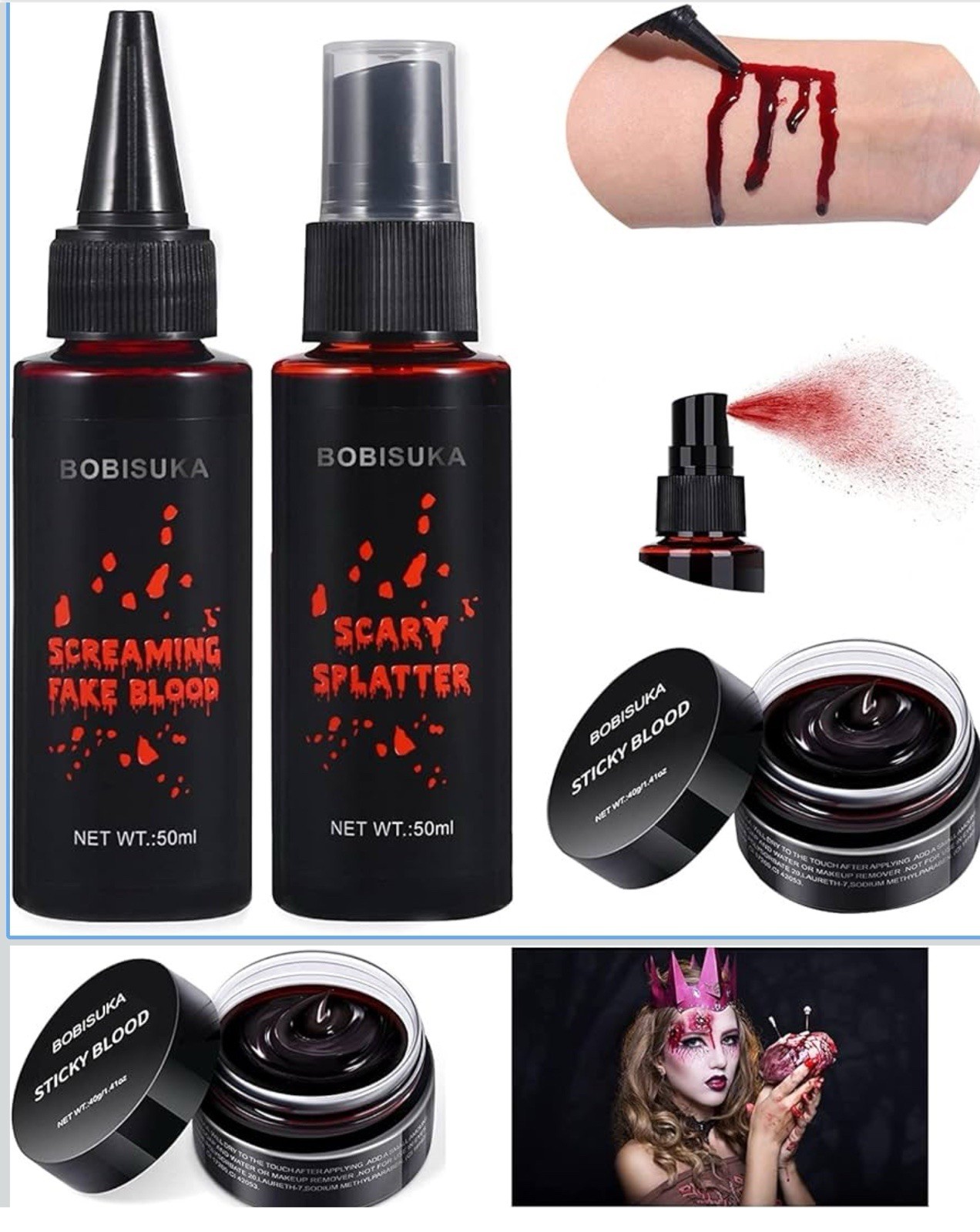BOBISUKA 3PCS Halloween Fake Blood Makeup Kit - Coagulated 1.41oz + Spray 1.76oz