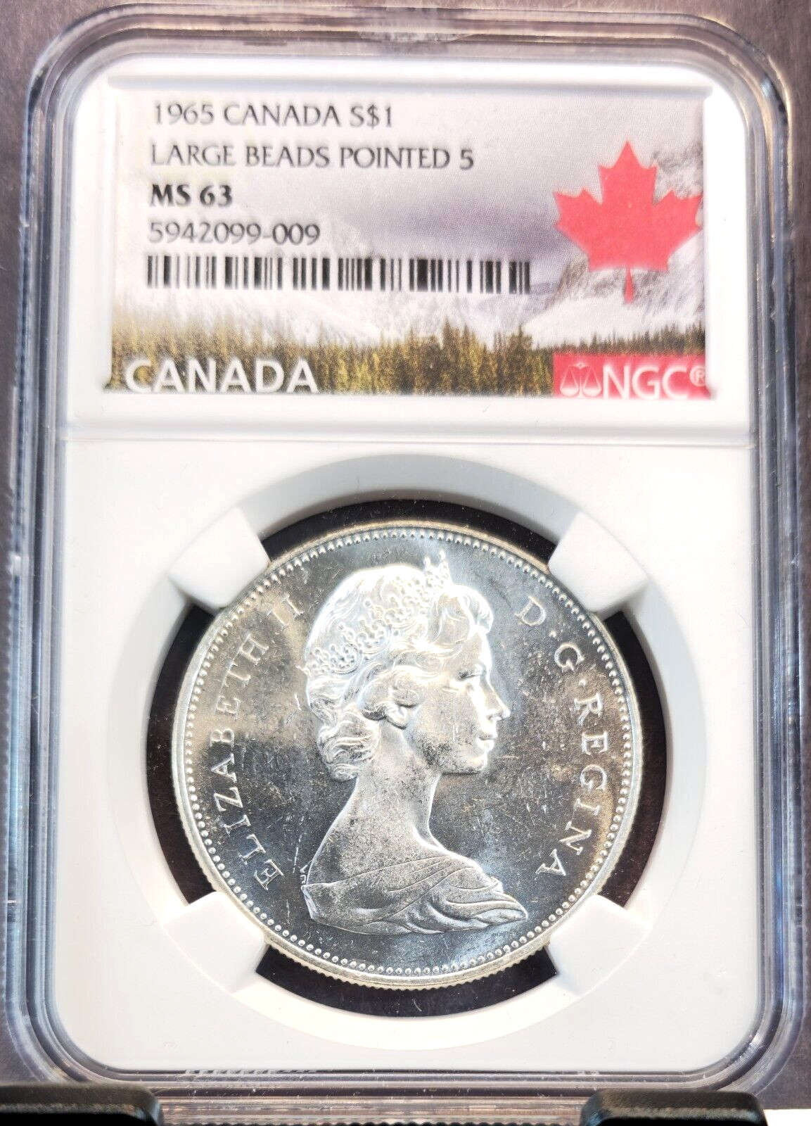 1965 CANADA SILVER 1 DOLLAR LARGE BEADS POINTED 5 NGC MS 63 RARE NON PL VARIETY