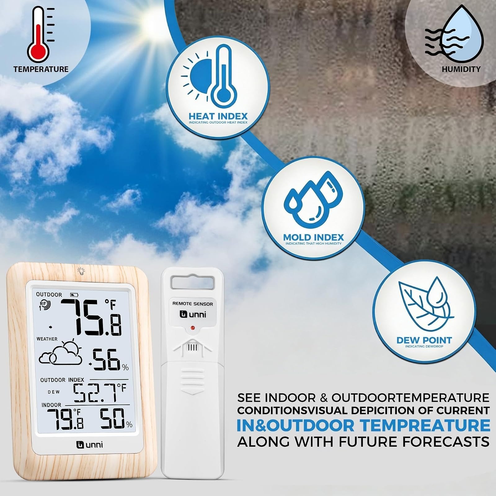 Indoor Outdoor Wireless Thermometer with Remote Sensor - Battery Powered
