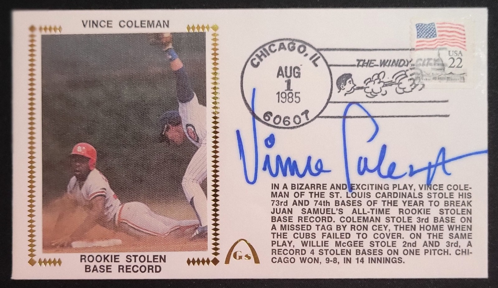 VINCE COLEMAN SIGNED AUTOGRAPHED 1985 STOLEN BASE RECORD GATEWAY CACHE CARDINALS