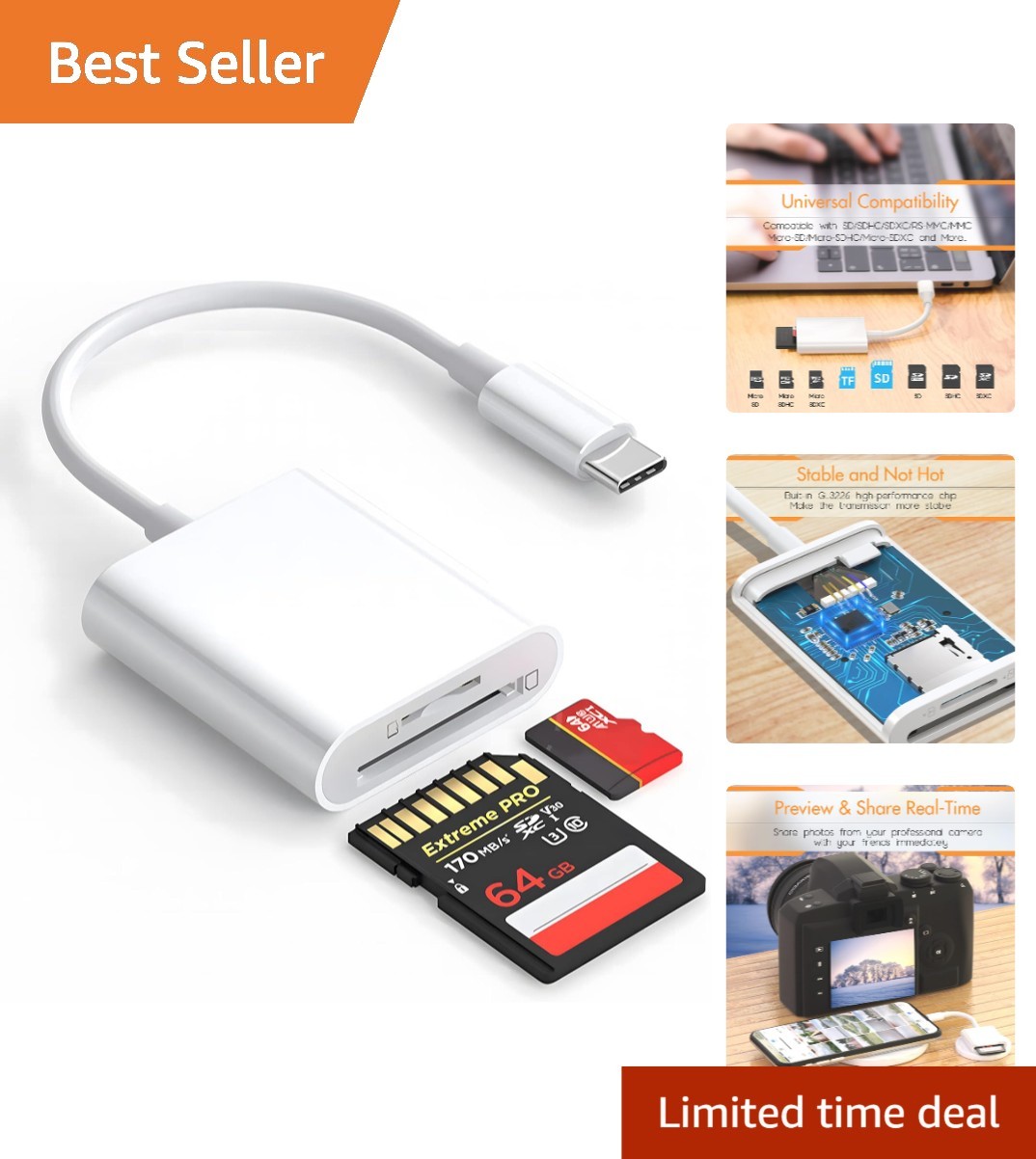 Portable USB Type-C SD Card Reader with Dual Slots for Instant File Sharing