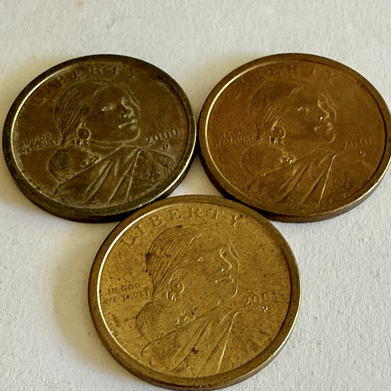 Lot of Three 2000 Gold Tone Bronze Sacagawea Dollar Coins/Uncirculated/USA/F20