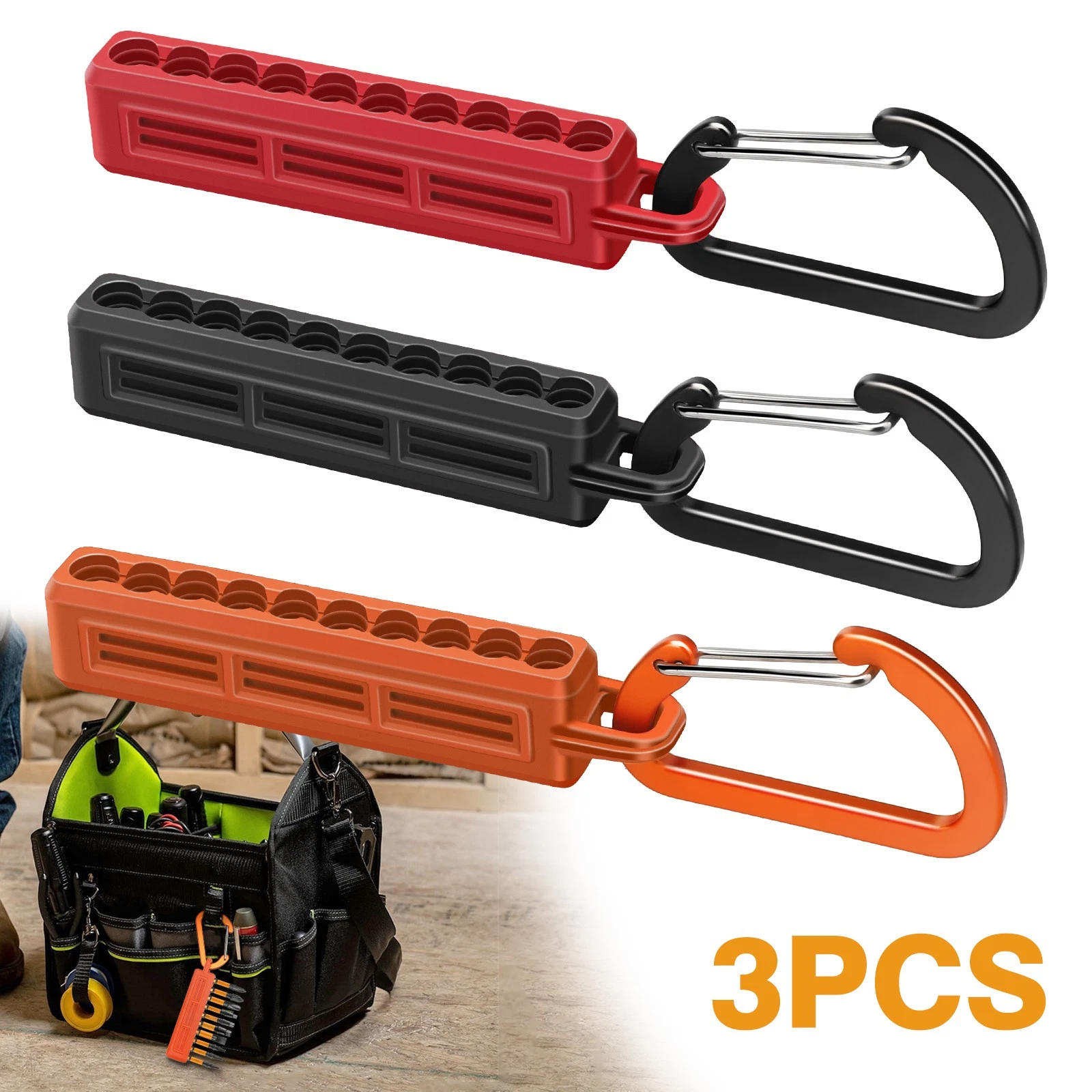 3x 1/4" Hex Bit Holder Storage Rail Color Coded Bit Organizer With Carabiner