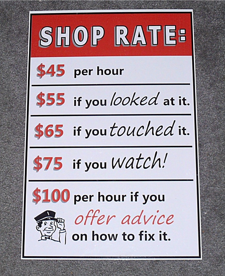 FIRM SHOP RATES METAL SIGN-GARAGE REPAIR SHOP,CHEVY,FORD,MAN CAVE-ART COOL SIGN!