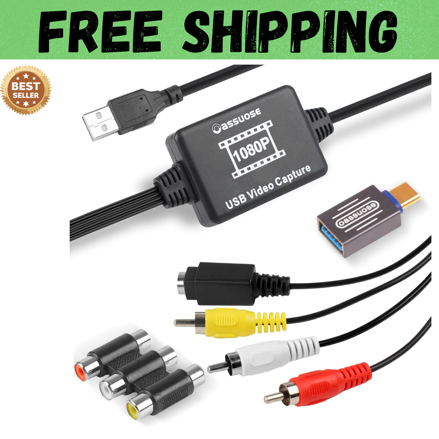 VHS to Digital Converter,USB-A/USB-C Video 1080P Capture Card,RCA/AV to USB2.0 A