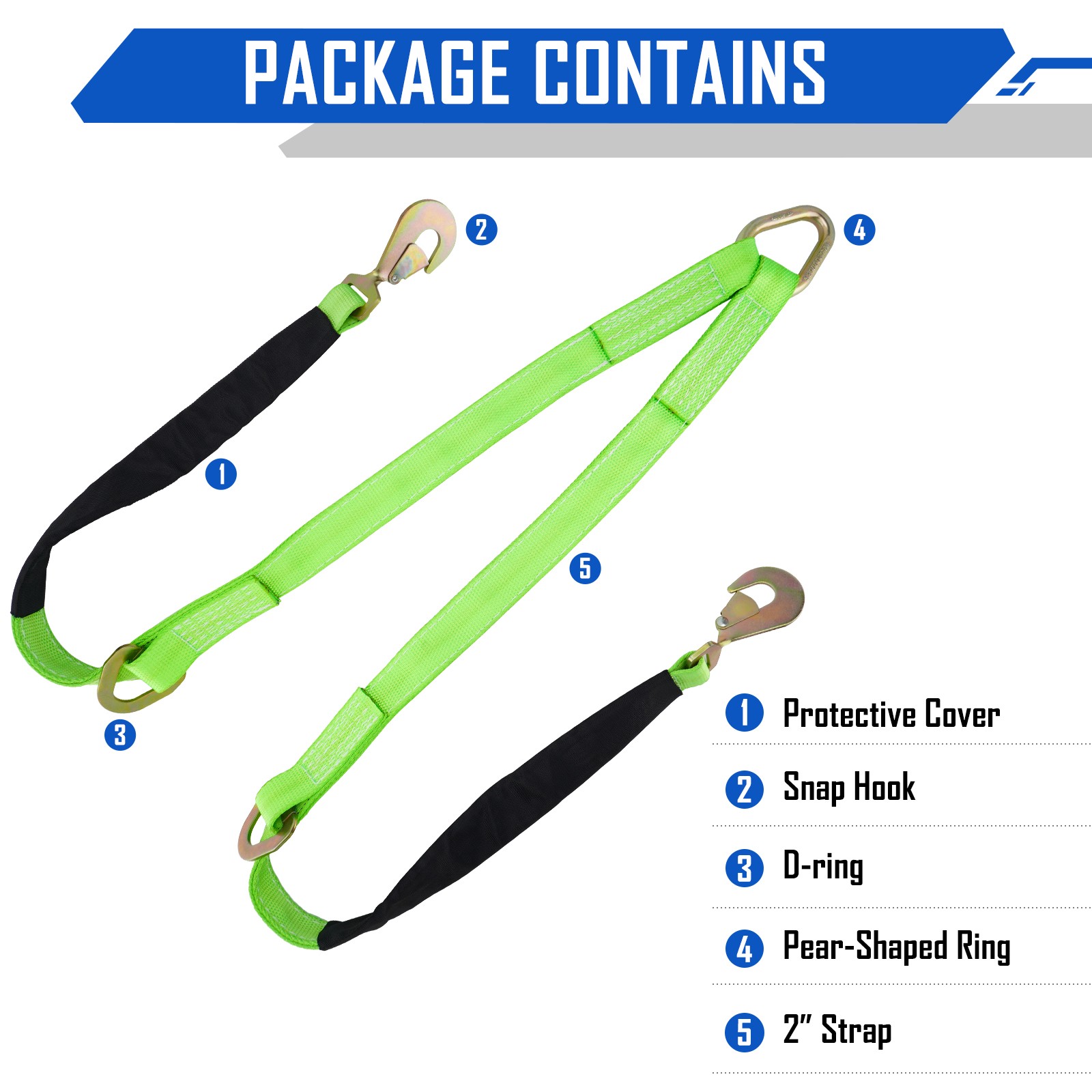 V-Bridle Recovery Strap 2"x4' w/Snap Hooks w/ Cordura Sleeve & Axle Straps Tow