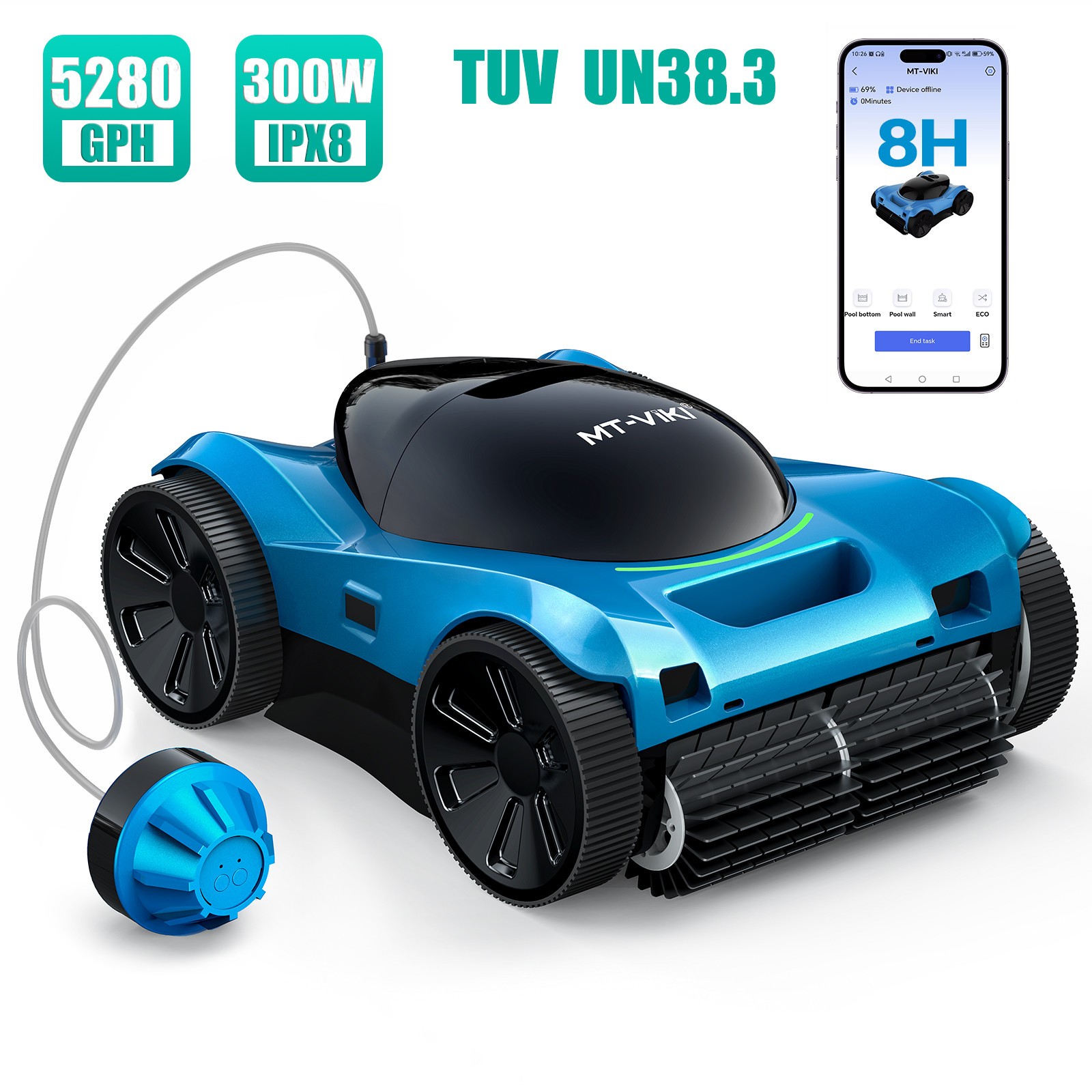 Robotic Pool Cleaner W/ APP Control 8H Battery 300W 5280GPH for Above&In-Ground