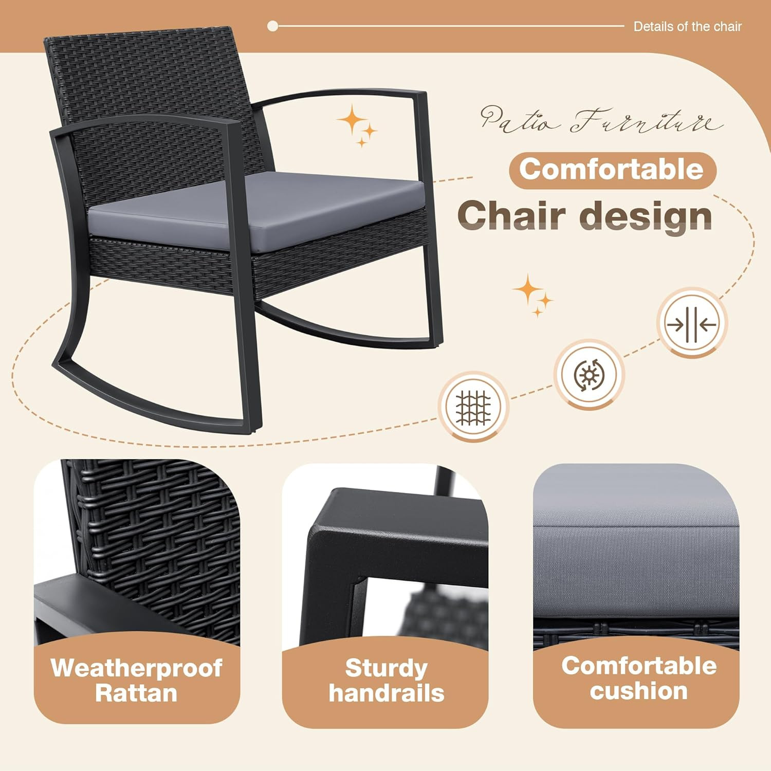 3 Pieces Outdoor Furniture Set Patio Bistro Rocking Chairs with Glass Coffee Tab