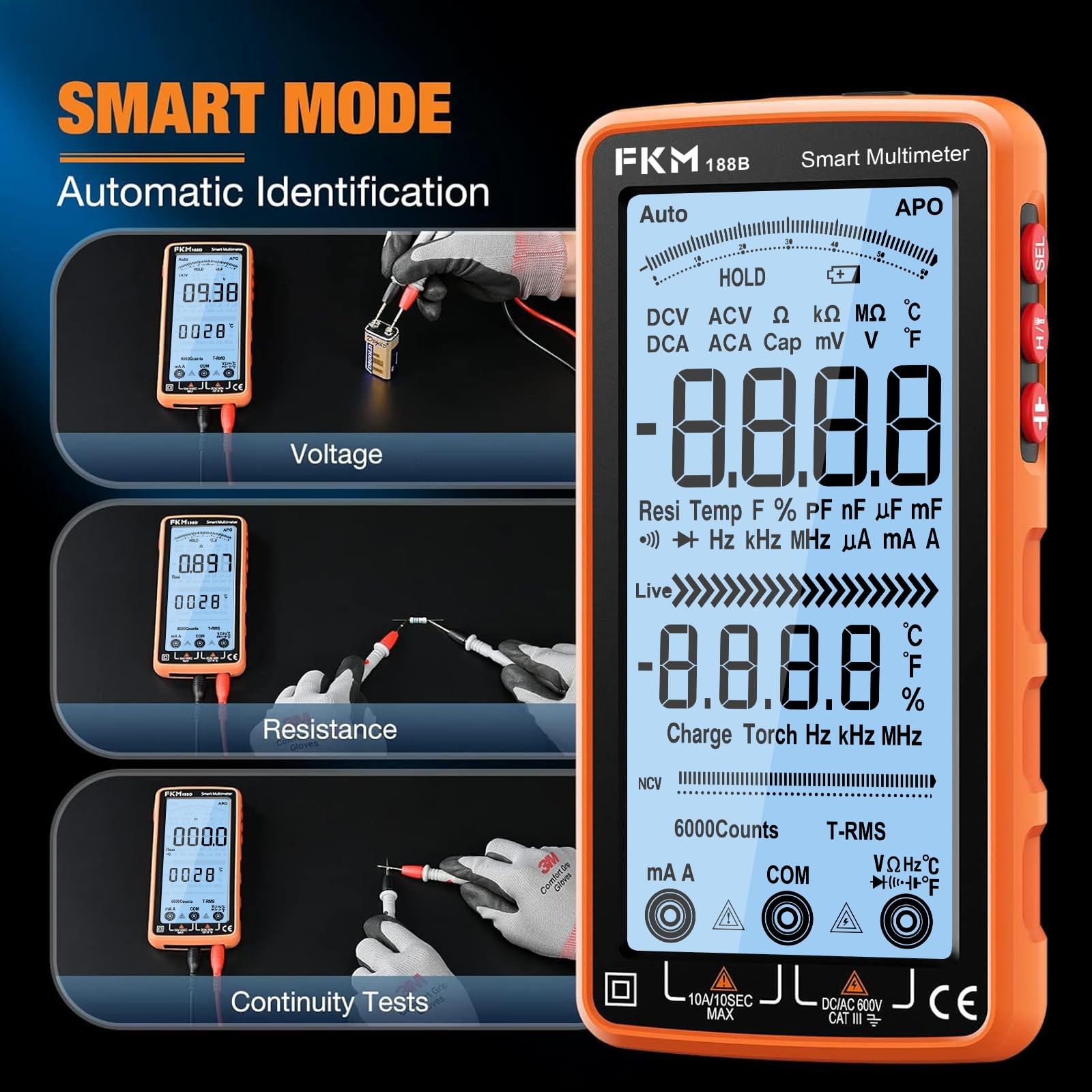 FKM Digital Multimeter Tester Auto-Ranging TRMS 6000 Counts Smart Rechargeabl...
