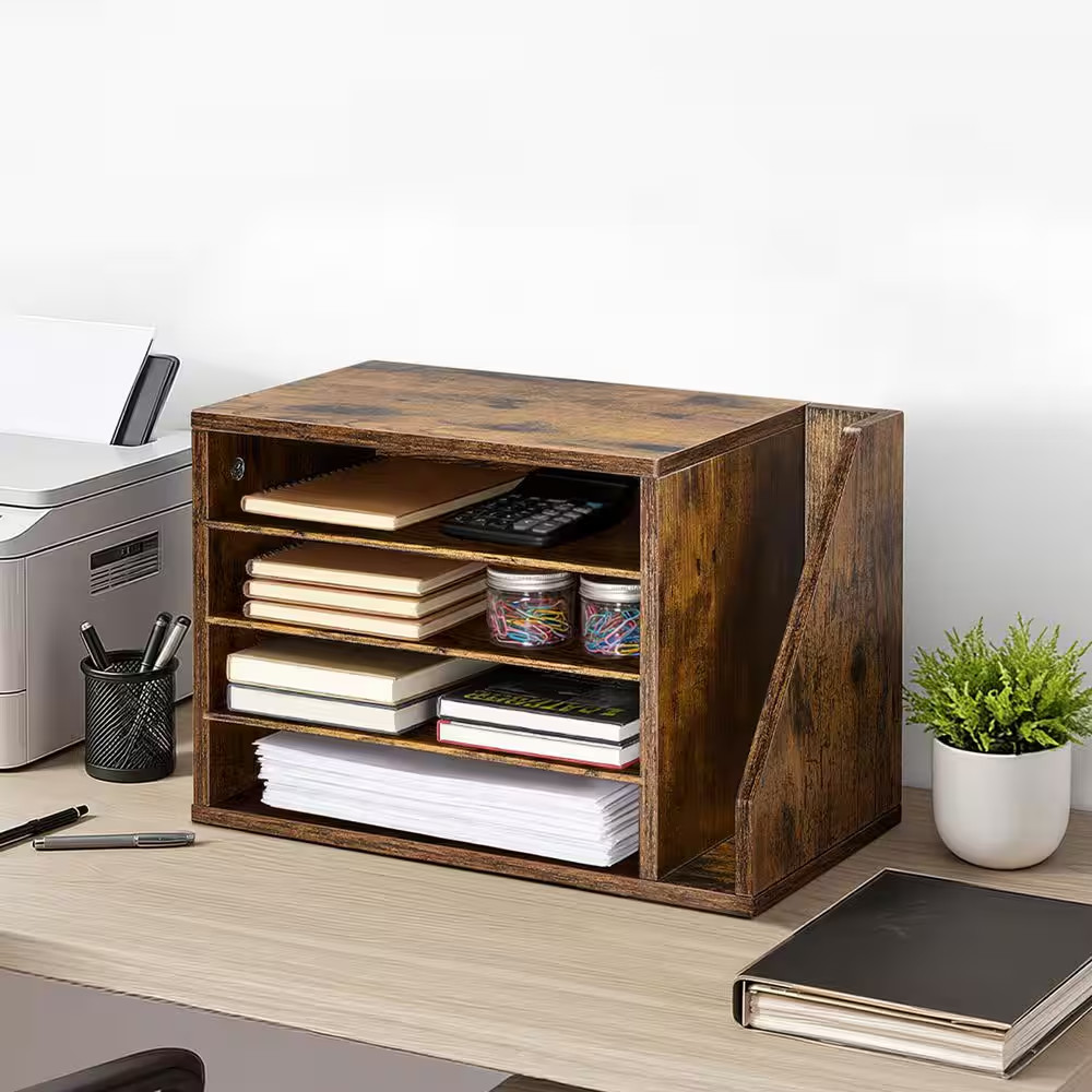 Literature Organizer with 4 Compartments, Detachable Shelves, Brown Desk Accesso