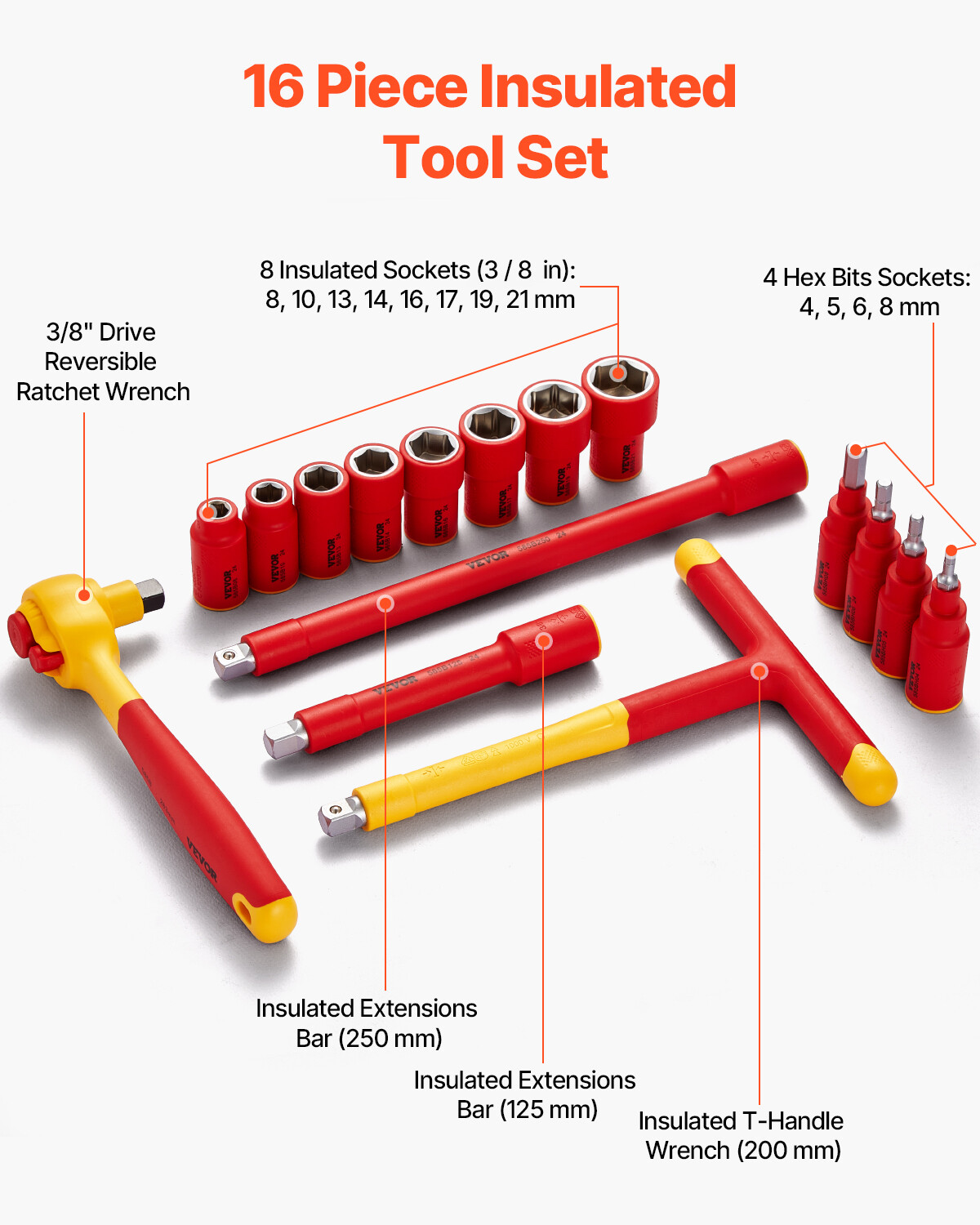 Insulated Socket Set 16-Piece Insulated Socket Tool with T-Handle Wrench 1000V
