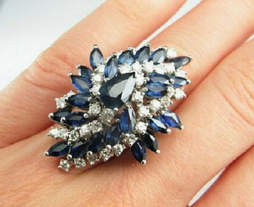Huge Modern Unique Cluster 12.64ctw Blue Sapphire & CZ 935 Argentium Silver Ring