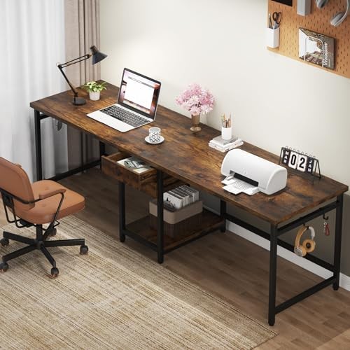 Two Person Desk, 79 Inch Double Desk with 2 Drawers, Large Rustic Brown