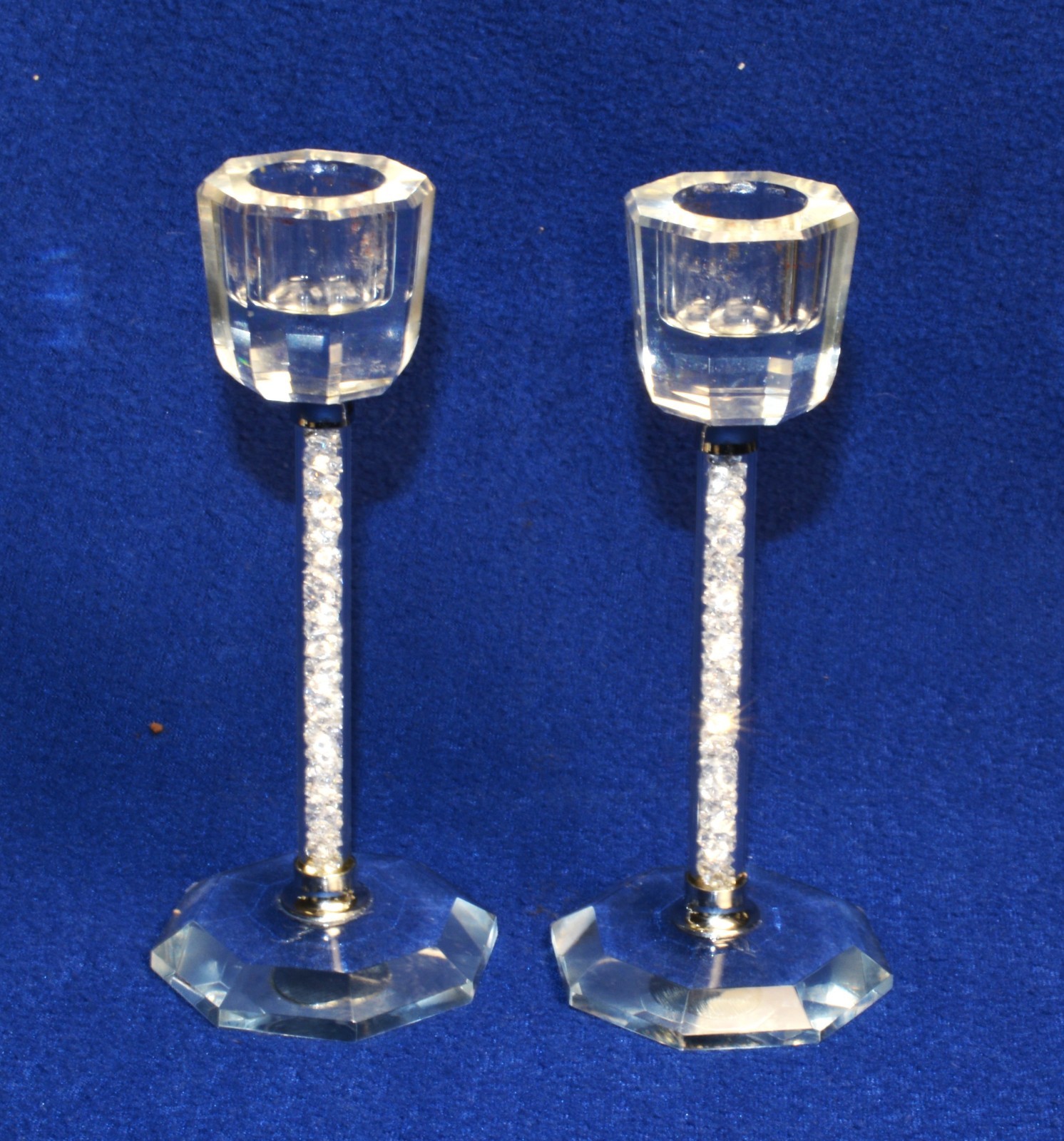 Signed LUCIENT PICCARD Switzerland Crystal Diamond Stem Set of 2 6"h Candlestick