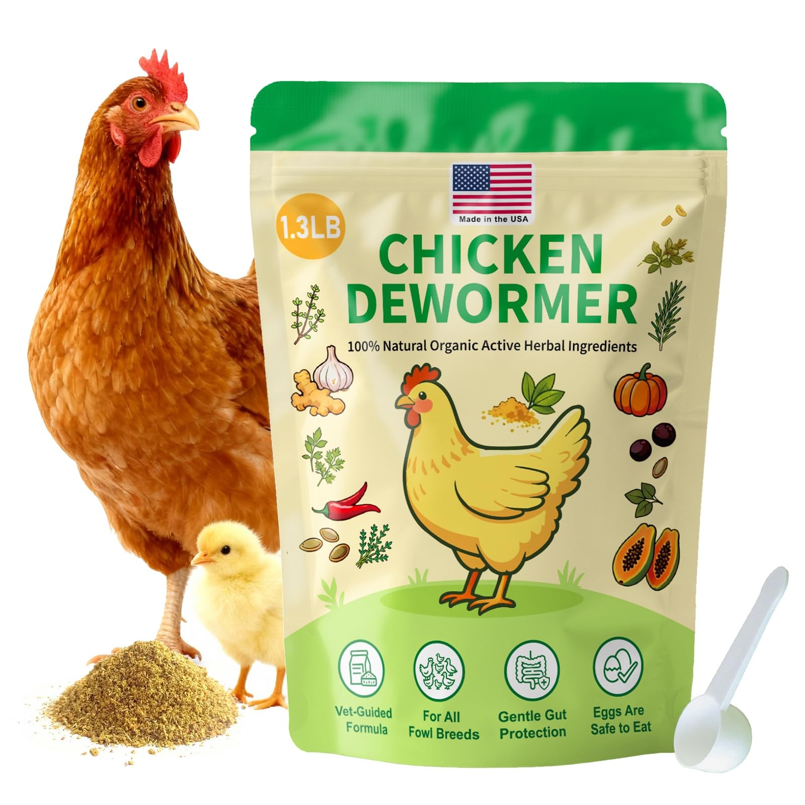 Natural Chicken De-wormer Powder (1.3 LB) | All-Natural Herbal Poultry Wormer...