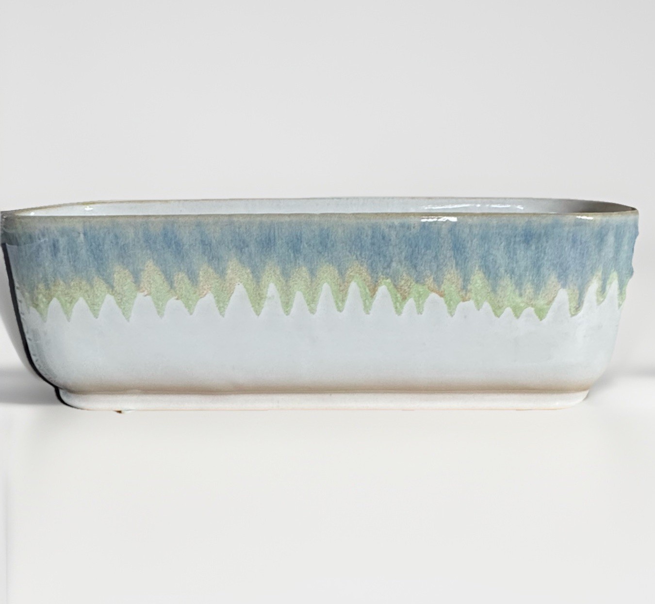 Stoneware Window Planter with 3 Sections glaze Drip Design Green Blue