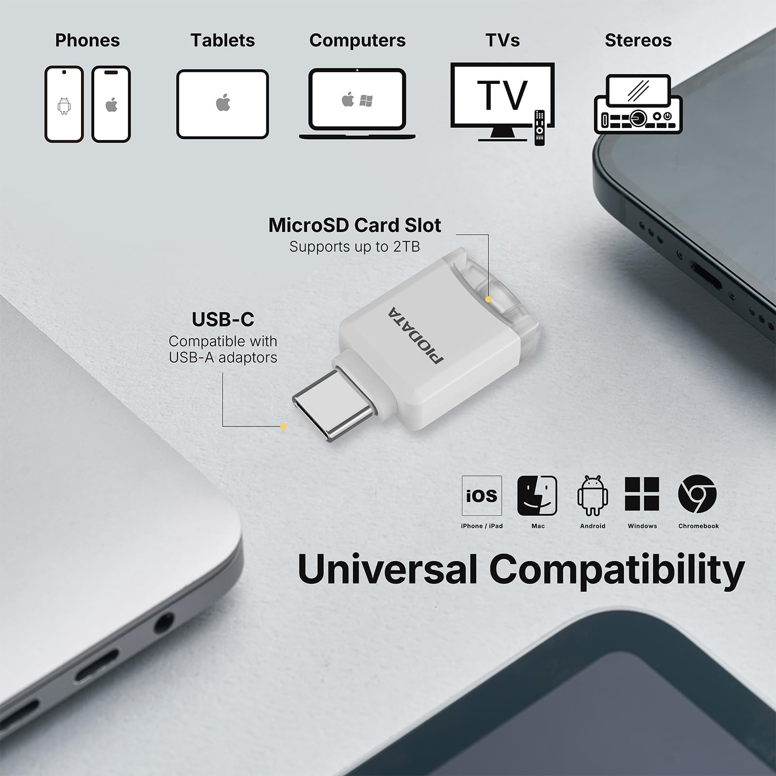 MFi USBC MicroSD Card Reader for iPhone, iPad & Android White