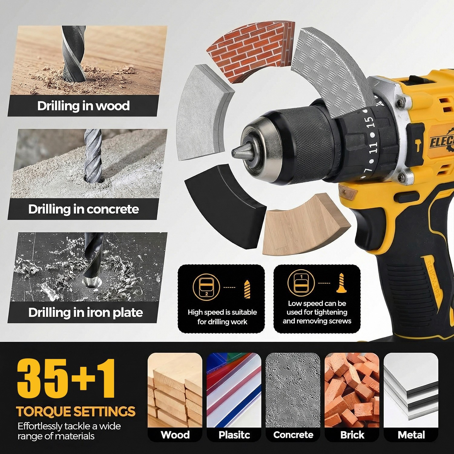 ELECMAPS Electric hammer drill set with multiple speed settings