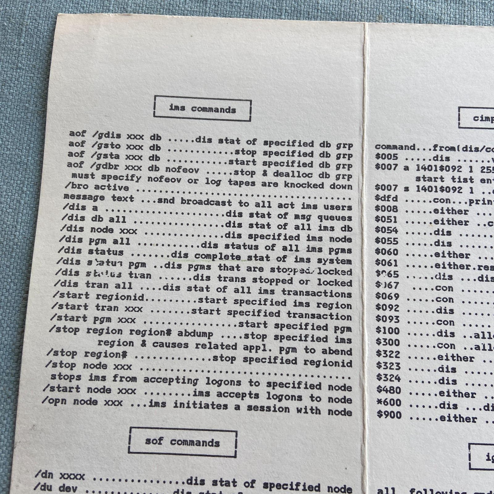 Vintage IBM Internal Use Only STD/IS Quick Reference Guide Commands IMS CIMPAC I