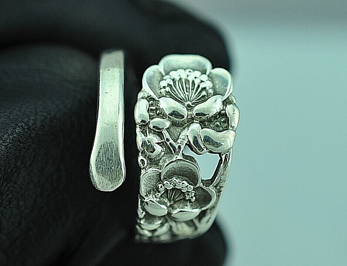Dainty Solid 950 Sterling Silver Plum Flower Floral Adjustable Spoon Ring