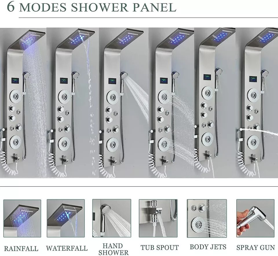 Stainless Steel LED Rain Waterfall Shower Panel Tower Column System Massage Jets