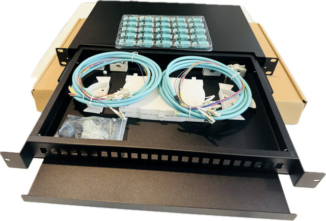 24 Port LC Duplex OM3 Fiber Patch Panel 1U Rack Mount Sliding Drawer 50/125 Aqua