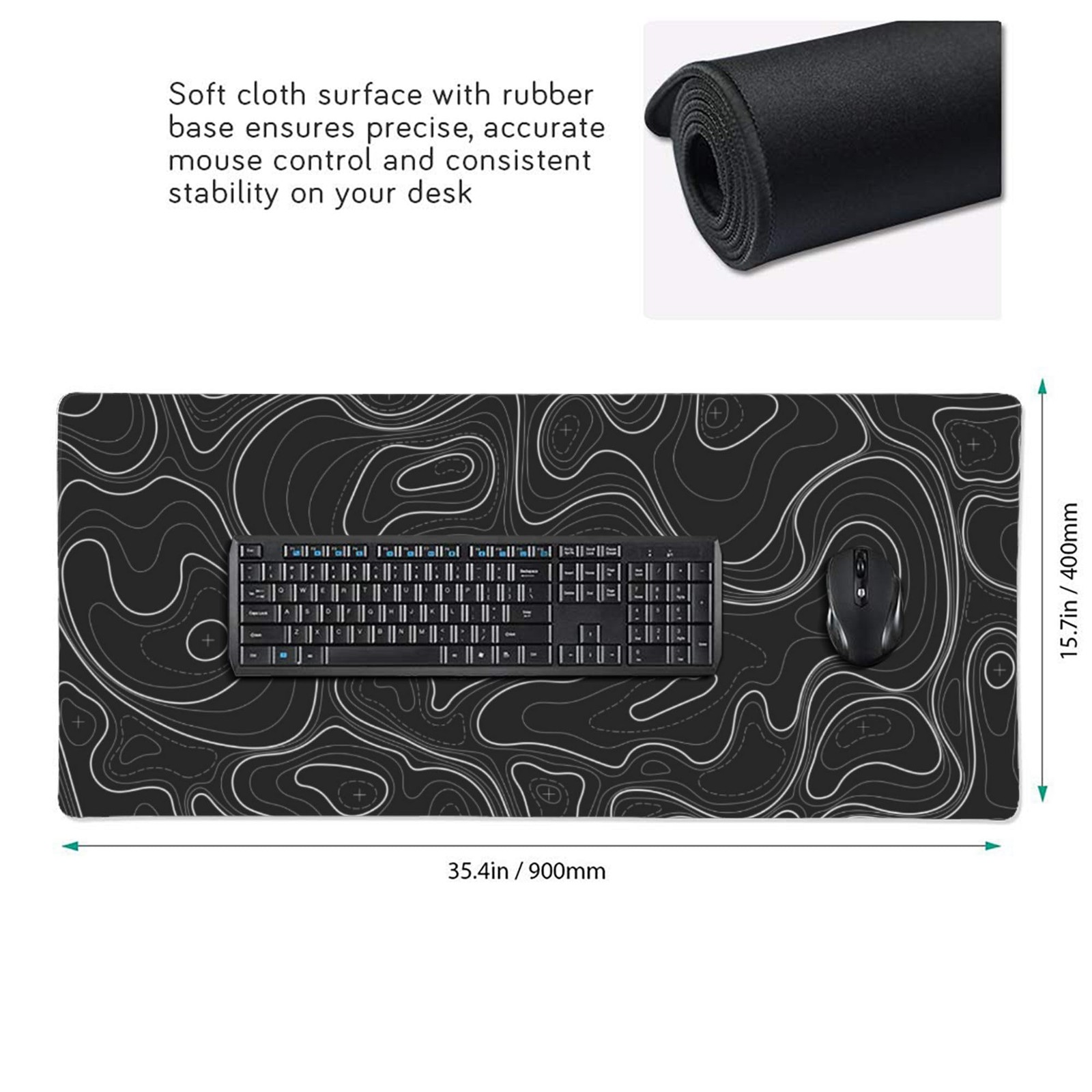 Large Gaming Mouse Pad Black Topographic Contour Mouse Pad with Stitched Edge...