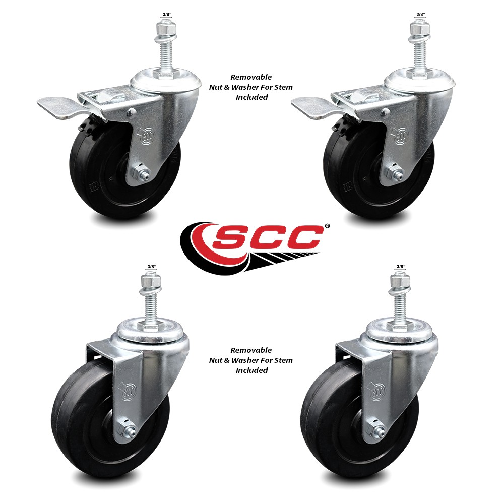4 Inch SS Soft Rubber 3/8 Inch Threaded Stem Caster Set 2 Total Lock Brake SCC